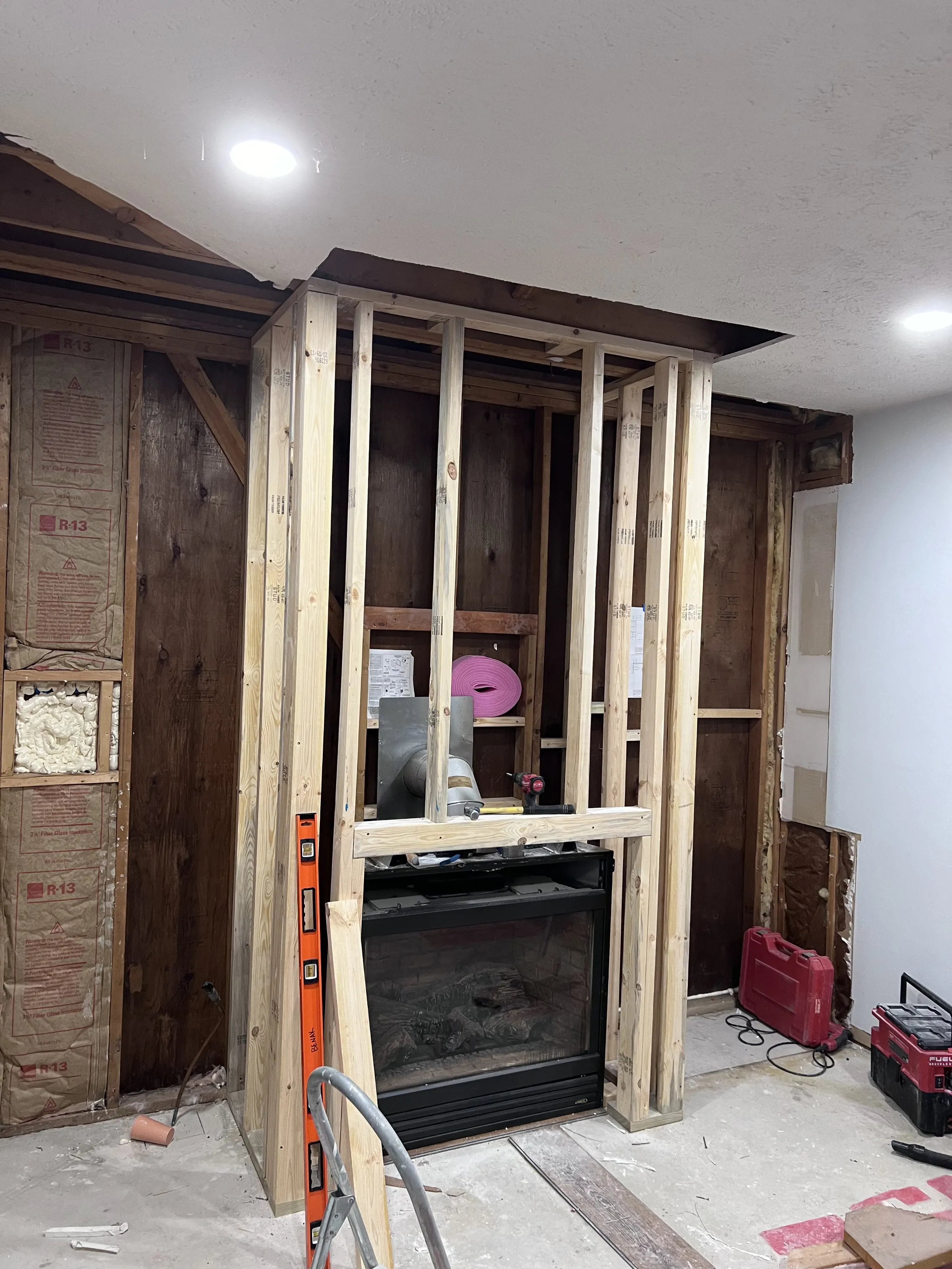 Framed fireplace surround under construction
