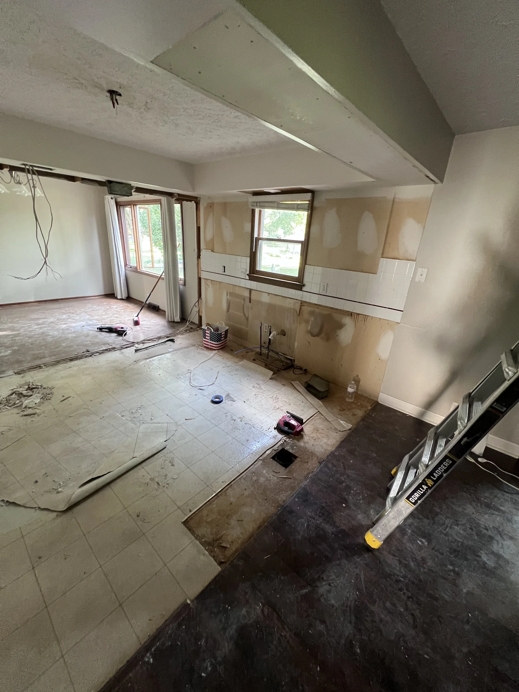 Kitchen stripped to the subfloor with cabinets and backsplash removed, mid-demo